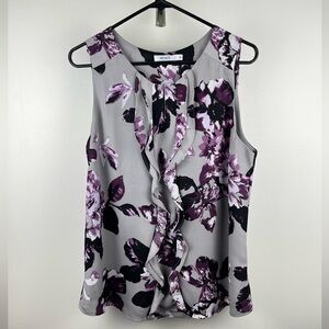 Ricki’s Grey & Purple Floral Ruffle Sleeveless Blouse - Large